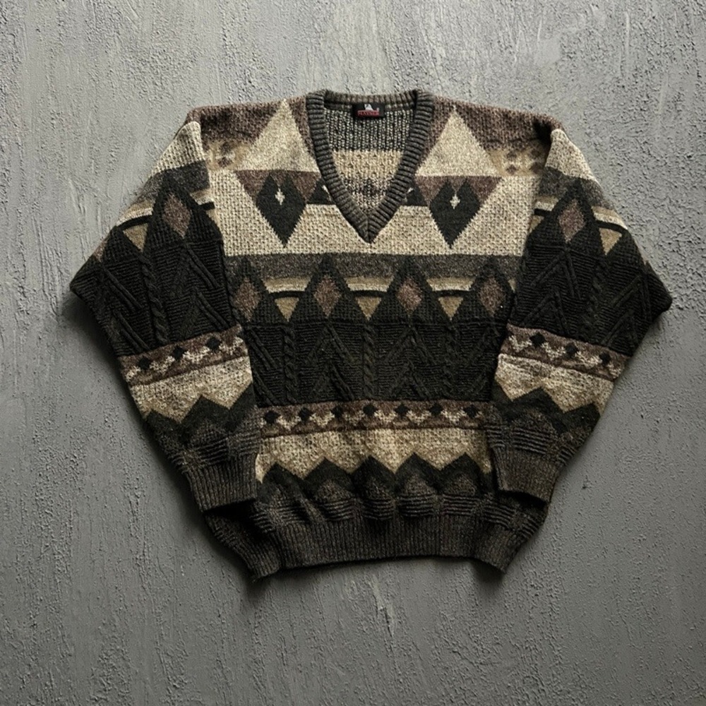 Vintage Mayser Sweater XL Brown 1990s Geometric V-Neck Knit Pullover